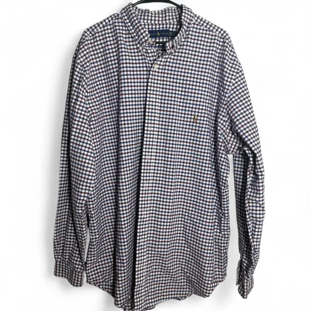 Polo Ralph Lauren Button Down Shirt 2XL Maroon Blue Plaid Check Long Sleeve Top